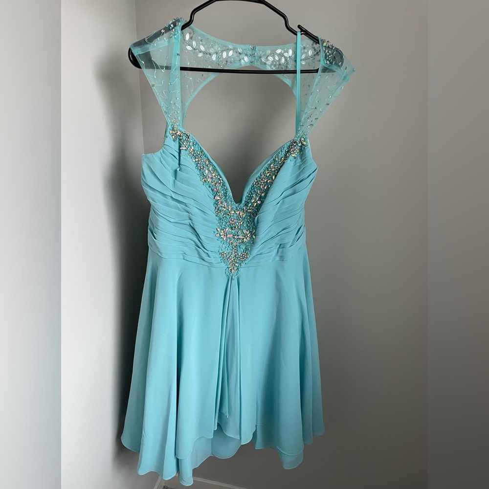 Blue open back sequin a-line dress by May Queen